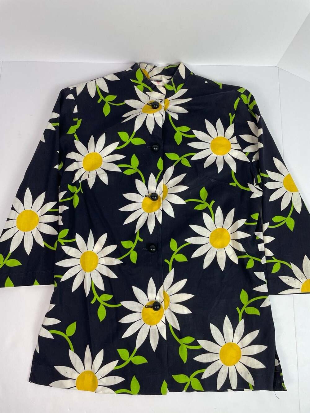 Vintage Mode O'Day Daisy Print Tunic Top 3/4 Sleeve Black White Yellow